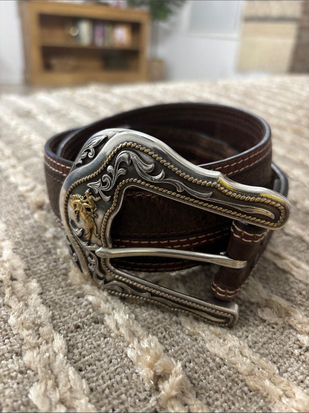 Ariat Men's Brown Western Leather Belt with Ornate Silver & Gold Buckle Size 34